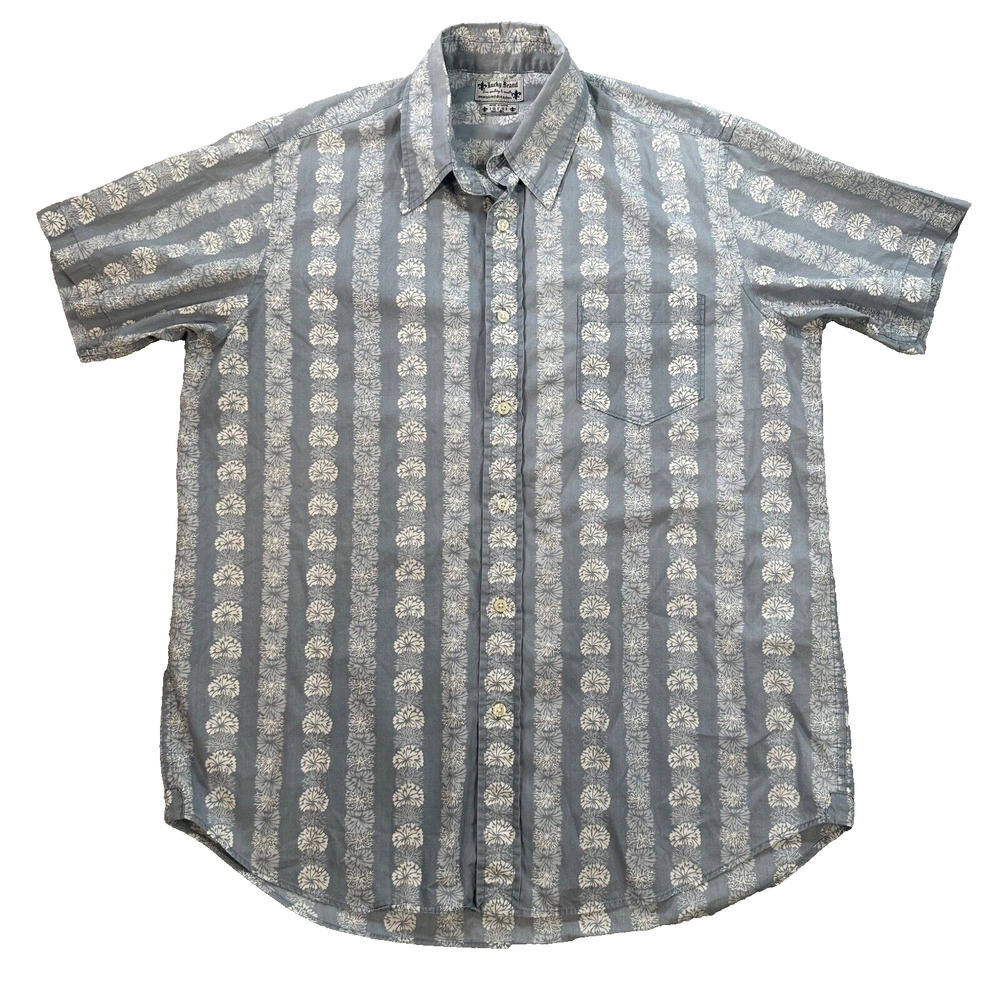 Lucky Brand Short Sleeve Linen Shirt Men's Large Blue/White Floral Button Down